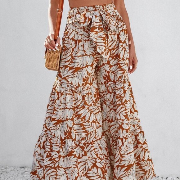 Rust Brown Boho Womens Plants Print Belted Wide Leg Pants - Picture 4 of 5